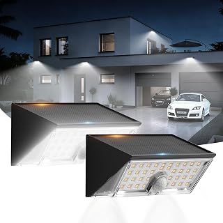 Smiling Shark WL-06L Solarlampen voor buiten, met bewegingsmelder, dubbele functie, led-wandlamp, 4 modi, IP65 waterdicht, superhelder, koudwit, voor tuin, terras, garage, 2 stuks