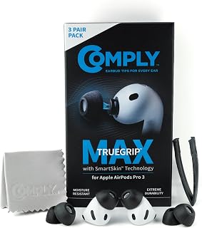 Comply TrueGrip MAX vervangende oordopjes van traagschuim voor Apple AirPods Pro (3 generatie), SmartSkin-technologie, uitstekende geluidsisolatie, zwart, gesorteerd S/M/L, 3 paar