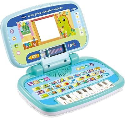 VTech Mijn eerste muziekcomputer, interactieve computer voor kinderen, computer met 4 toepassingen/games, praktische handgreep, kinderspel met ABC-toetsenbord, Italiaanse taal, batterijen meegeleverd
