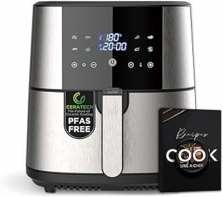 MasterPRO ROCKET 600 Heteluchtfriteuse, 6 l, PFASvrij, 1800 W, 6 l, met keramische coating, led-touchscreen, thermostaat van 80-200 °C, afneembare mand, behuizing van roestvrij staal