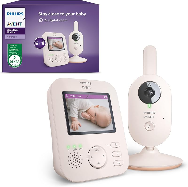 Philips Avent Premium babyfoon - afgeschermde en veilige babyfoon met camera en audio, DEKRA gecertificeerd, Coral Cream, 2,8" scherm, 2x zoom, nachtzicht, 2-weg audio, slaapliedjes model SCD881/26