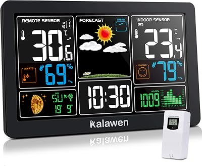 Weerstation met buitensensor, binnen en buiten, 9-in-1, draadloze digitale wekker, barometer, weerstation, temperatuur-vochtigheidsmonitor, weersvoorspelling voor thuis, tuin, kantoor
