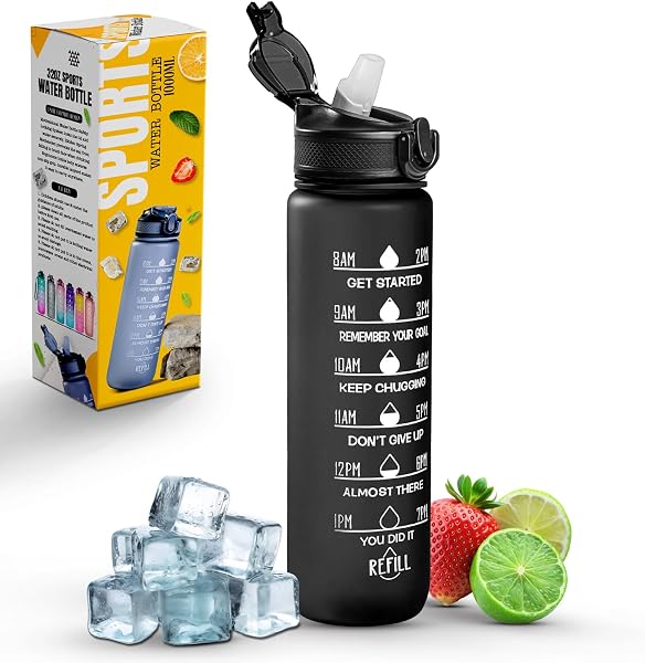 K-MART Sportwaterfles met rietje en tijdmarkering - outlet/retourdeal