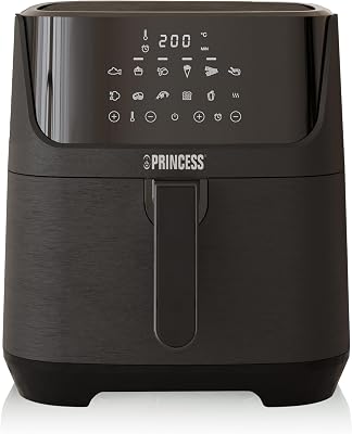 Princess Digitale Heteluchtfriteuse 6,5 L met Uitneembare Verdeler, 12 Programma’s, Touchscreen, Tot 60% Energiebesparing, Olievrij Frituren, voor 1,5 kg Friet, Zwart, 182061