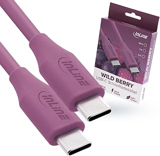 InLine Colour your Charge USB C-kabel, 100 W, PD snellaadkabel, USB C naar USB C, siliconen oplaadkabel, flexibel, voor iPhone 16, 15, iPad, Galaxy S23, S22, S21, Pixel tablets, 2 m, Wild Berry