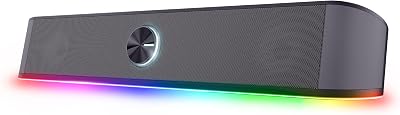 Trust Gaming GXT 1619 Rhox Soundbar met RGB Verlichting 12W (6W RMS), PC Luidsprekers 2.0, USB-voeding, 3,5 mm Audioaansluiting, Compacte Stereo Speakers voor Desktop, Laptop, Computer, TV - Grijs | 3.5mm Jack Plug and Play, Stereo Geluid, voor Desktop Laptop Computer