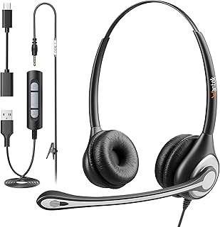 Wantek USB-headset met microfoon voor pc-laptop, 3,5 mm/USB/Type-C-aansluiting, 3-in-1 hoofdtelefoon met ruisonderdrukking en audiobediening, teamheadset voor kantoor, callcenter, werk, binauraal