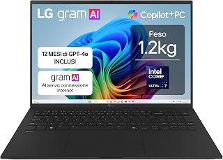 LG Gram AI 16Z90TL Copilot+ PC, notebook 16 inch (2,5 cm), Intel Core Ultra 7 (serie 2) 256 V, 16 GB RAM, 512 GB SSD, AI PC, ultralicht slechts 1,2 kg, accu 77 Wh, Windows 11 Home, Italiaans