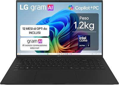 LG Gram AI 16Z90TL Copilot+ PC, notebook 16 inch (2,5 cm), Intel Core Ultra 7 (serie 2) 256 V, 16 GB RAM, 512 GB SSD, AI PC, ultralicht slechts 1,2 kg, accu 77 Wh, Windows 11 Home, Italiaans