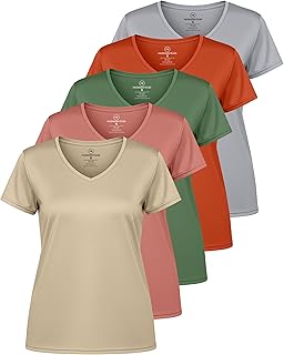 Real Essentials Verpakking van 5 stuks, sport-T-shirt met korte mouwen en V-hals voor dames, Dry-Fit, vochtafvoerende yogatop (verkrijgbaar in grote maten)