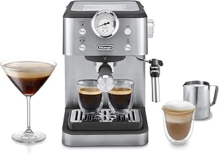 De'Longhi Linea Classic EM450.M My LatteArt Handmatig koffiezetapparaat met stoomsproeier, zonder E.S.E-filter, manometer, dubbelwandig filter, 15 bar, kopjes tot 13 cm, staal