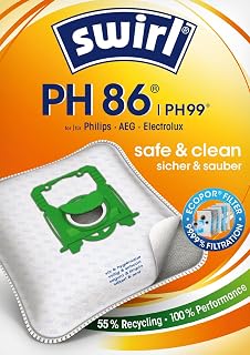 Swirl PH 86 MicroPor Plus stofzuigerzak voor Philips, AEG, Electrolux en Volta stofzuiger, anti-allergeenfilter, duurzaam hoog zuigvermogen, 10 stuks incl. 2 filters