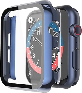 Misxi Harde hoes met glazen displaybescherming, compatibel met Apple Watch Series 6/SE/Serie 5/Series 4 40 mm, 2 stuks, 1 blauw + 1 transparant