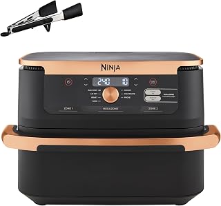 Ninja Foodi FlexDrawer Airfryer, Dubbele Zone met Verwijderbare Verdeler, Grote 10,4L Lade, 7-1, Dual Zone, Olievrij, Vaatwasmachinebestendige Onderdelen met Anti-aanbaklaag, Zwart en Koper, AF500EUCP