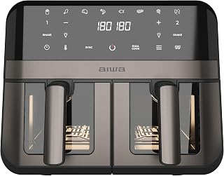 Aiwa Futago AFR‑9000 Airfryer, 9 l (2 x 4,5 l), 2400 W, digitale bediening, 8 programma's, keuken met dubbele zones, zelfreiniging, dubbel venster, zeer stil, roestvrij staal/kunststof, metaalkleur