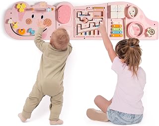ROBUD Montessori Houten motoriekbord, 11-in-1 Busy Board, wandspeelgoed voor kinderen vanaf 18 maanden, Montessori speelgoed, motoriekbord voor baby's, met xylofoon, trommel, spiegel en draaidelen