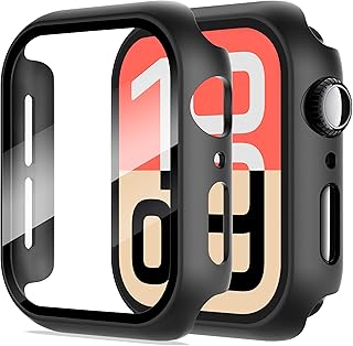 Diruite 2 Stuks Case voor Apple Watch SE 3/2/1/Series 6 5 4 44mm Gehard Glas Bescherm Screen Protector,HD Allround Bescherming Hoesje Hardheid PC Cover,Zwart,44mm