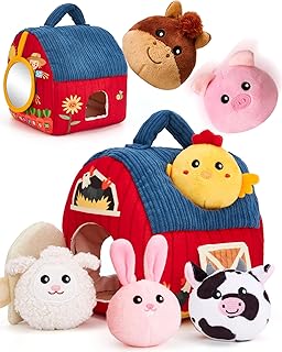 hahaland Babyspeelgoed 6-12 maanden boerderijdieren met schuur, rammelaar, kreukelpapier, spiegel - druk Montessori-sensorisch speelgoed voor baby's en peuters 1-3 - baby paasmandvullers