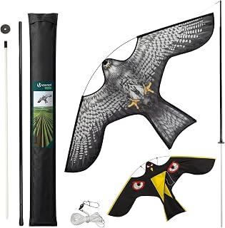 VOUNOT® Vogelverschrikker, vogelverschrikker, realistisch, vogelverschrikker, vogelafweer met telescoopstang van 4 m en 2 verwisselbare vliegers, voor tuin, tuin en boerderij, model C & G