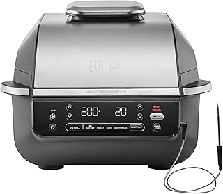 Ninja 5-in-1 Indoor Grill & Airfryer, 5 kookfuncties, maak tot wel 4 burgers, inhoud van 5,7 l, Low Smoke (weinig rook), inclusief digitale vleesthermometer, zwart/zilver, EG351EU
