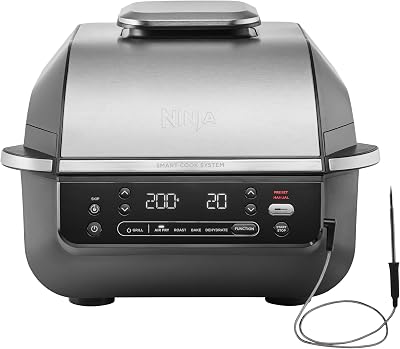 Ninja 5-in-1 Indoor Grill & Airfryer, 5 kookfuncties, maak tot wel 4 burgers, inhoud van 5,7 l, Low Smoke (weinig rook), inclusief digitale vleesthermometer, zwart/zilver, EG351EU