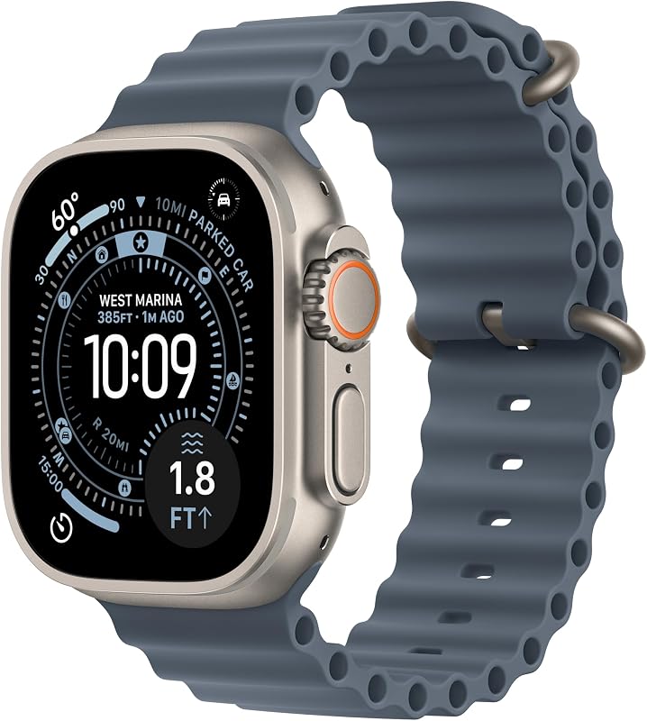 Apple Watch Ultra 3 GPS + Cellular 49 mm Premium hardloop- en multisport-smartwatch met robuuste kast van naturel titanium, ankerblauw Ocean‑bandje. Gezondheid en conditie uitgebreid bijhouden
