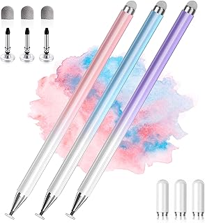 Styluspennen voor aanraakschermen, 2-in-1 universele styluspen met hoge precisie voor iPad, compatibel met Apple, iPhone, iPad, Android, Microsoft-tablets, telefoons, 3 stuks - blauw, roze, paars