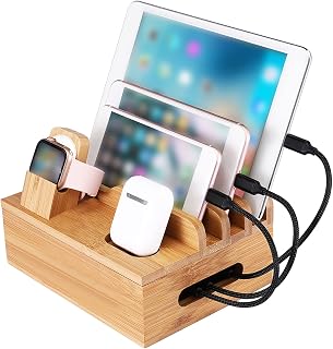 Hout-laadstation, oplader-opslagorganisator voor meerdere apparaten - thuiskantoor Mobiele telefoons Tablet Oordopjes Oortelefoon (GEEN USB-oplader)