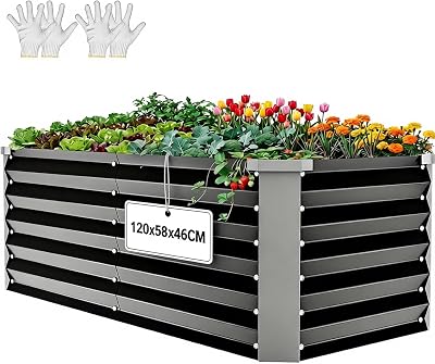 YITAHOME Verhoogde bedden voor tuin 120 x 58 x 46 cm, gegalvaniseerd stalen plaat metalen verhoogd bed, plantenbakken buiten met veiligheidsrand voor tuin met steunstang en handschoenen voor groenten