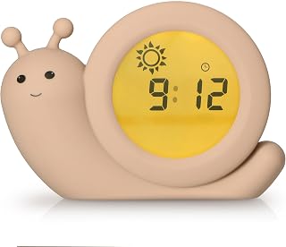 Alecto BC110BE Simon Wekker, educatieve wekker voor kinderen, nachtlampje, leren slapen en wakker worden met een led-wekker voor kinderen, slak, taupe