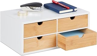 Relaxdays bureau organizer, met 4 lades, bamboe & MDF, HBD: 14 x 33 x 21 cm, mini ladekast, wit/natuur