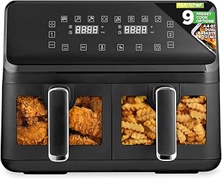 NutriChef Dubbele Mand Airfryer 8,8 Liter | Olievrije Airfryer voor Familie, 9 Vooraf Ingestelde Functies, 360° Luchtcirculatie, Transparant Venster, Tot 90% Minder Vet, Zwart
