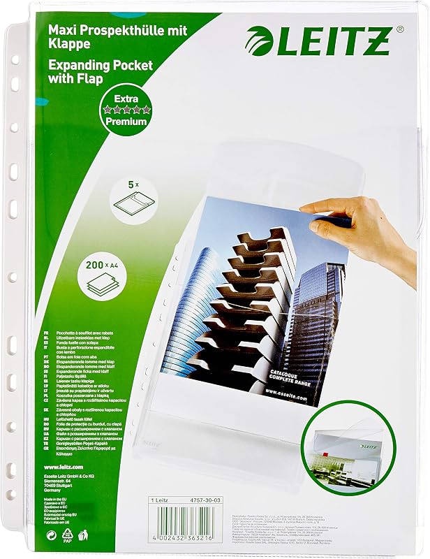 Leitz Premium Harmonica A4 Showtas, 5 Stuks, Capaciteit tot 200 Vellen, 170 Micron, Universele 11 Gaats Strip, Met Beschermende Klep, PVC, 1 x 23,6 x 30,7 Centimeter, Transparant, 47573003