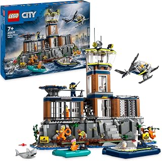 LEGO City Police Prison Island Toy for 7 Plus Year Old Boys, Girls & Kids, Emergency Vehicles Set with Helicopter, Boat, 7 Minifigures, Dog & Shark Figures for Imaginative Play, Birthday Gift 60419