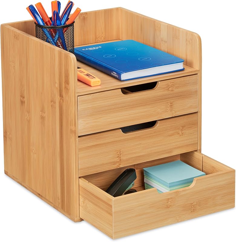 Relaxdays bureau organizer, 3 lades, van bamboe, voor kantoorartikelen, HxBxD: 33 x 30 x 31 cm, mini ladeblok, naturel