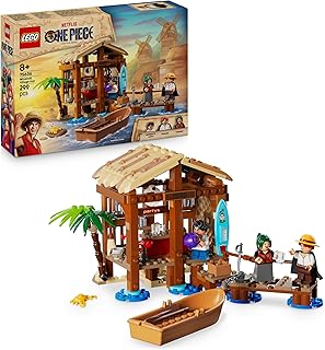 LEGO ONE PIECE Hut in Windmolendorp Bouwset, Piratenspeelgoed voor Kinderen, Animedecoratie, Speelset met een Winkel, Boot en Minifiguren van Luffy, Shanks en Makino 75636