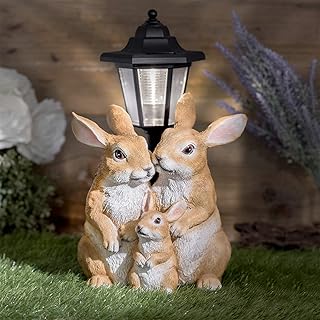 GloBrite Konijnenfamilie op zonne-energie, met lantaarnpaallamp, tuinornamenten van hars, voor buiten, tuinverlichting op zonne-energie voor tuin, terras, gazon, charmante dierenbeeldjes