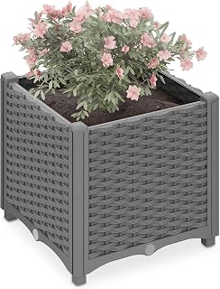 Relaxdays plantenbak, rotanlook, HxBxD: 38 x 40 x 40 cm, tuin, balkon & terras, met waterreservoir, bloembak, grijs