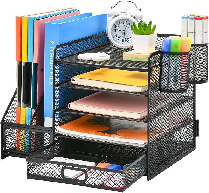 Marbrasse Bureau Organizer met Ordnerhouder, 5 Lagen Brievenbakje,Bureau-Opbergvak met Lade en 2 Pennenhouders,Mesh Bureau-Accessoires,Tijdschriftenhouder Voor Huis Kantoor (Zwart)