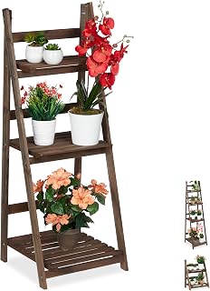 Relaxdays plantenrek, 3 etages, plantenladder hout, klapbaar, bloemenrek, 108 x 41 x 40 cm, donkerbruin