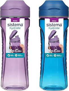 Sistema Swift Sports Waterflessen, 600 ml, lekvrije waterflessen voor kinderen, slagvast Tritan-kunststof, BPA-vrij, oceaanblauw en mistig paars, 2 stuks
