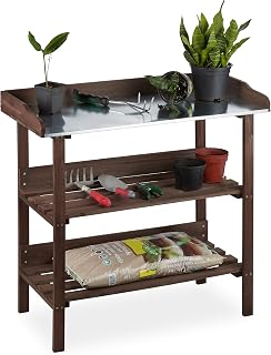 Relaxdays oppottafel, tuintafel met 3 etages, kweekkas, tuin, balkon & terras, hout, 86x92x42 cm, donkerbruin