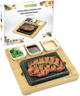 NutriChef Sizzle Hot Stone Kookset - Tafelgrill van Graniet met Bambusbord, RVS-Tablet, Keramische Sauskommetjes & Serveerplaat - Binnen/Buiten Grillen voor Vlees, Zeevruchten & Groenten