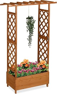Relaxdays plantenbak met klimrek, dak, HBD: 183x110x44 cm, bloembak met trellis, balkon, tuin, hout, lichtbruin