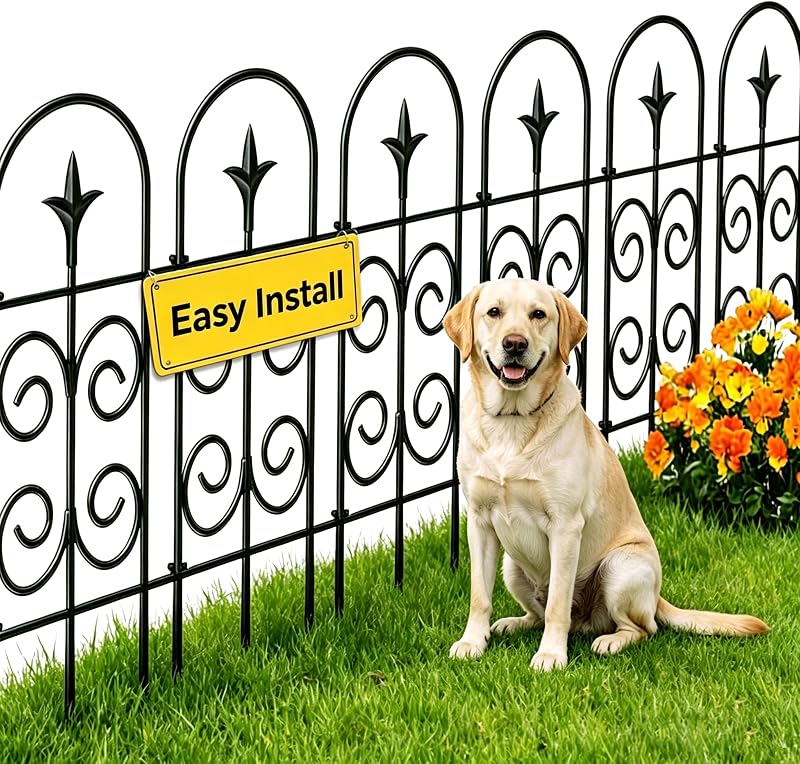 Amagabeli DA1152 81 cm x 8 stuks decoratief metalen hek voor tuin, landschap en tuinbarrière, zwart, 8 panelen voor buiten, gras, bloembed
