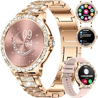Smart Watch Vrouwen Bluetooth Oproepen voor Android iOS Telefoon Sport Fitness Activity Tracker Vrouwelijk 1,32 inch HD Full Touch Screen Hartslagmeter Slaap Monitor Diamant Dames Rose Goud Staal