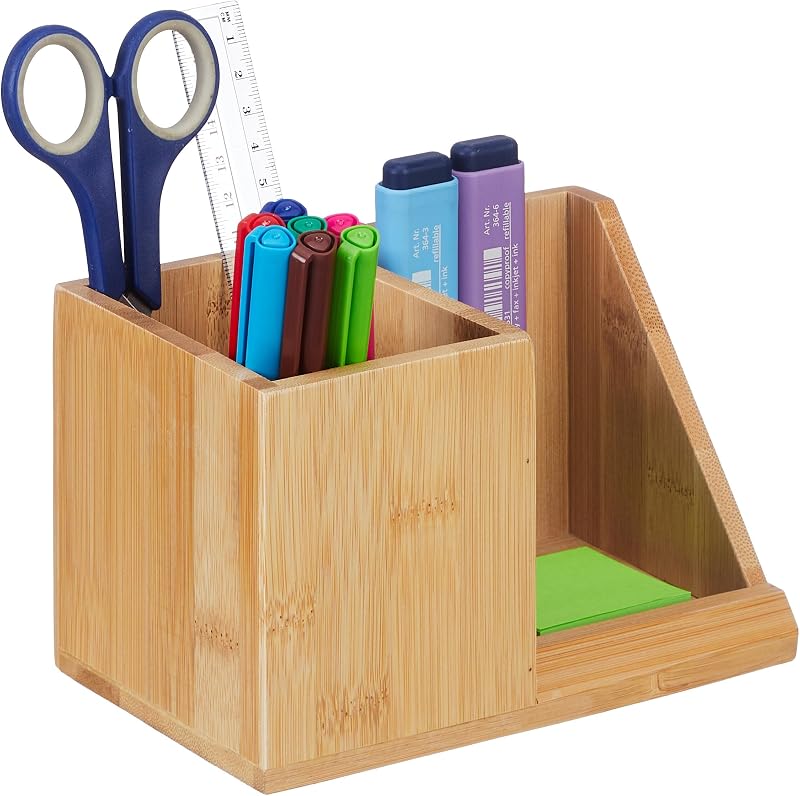 Relaxdays pennenbak, bamboe, 2 vakken, kantoorartikelen & make up, pennen organizer, HBD: ca. 10,5x17,5x10,5, natuur