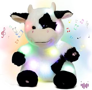 Hopearl LED Muzikale Knuffelkoe Die Oplicht En Zingt, Pluche Speelgoed Met Instelbaar Volume, Slaapliedje, Geanimeerd, Kalmerend, Verjaardagsfeestje Voor Kinderen, Peutermeisjes, 33 cm