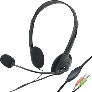 Waytex 69132 Hoofdtelefoon met microfoon, bekabeld, voor computer, dubbele aansluiting, 3,5 mm, met instelbaar volume aan de kabel, zwart