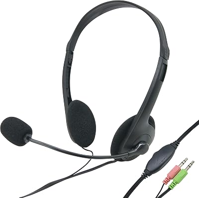 Waytex 69132 Hoofdtelefoon met microfoon, bekabeld, voor computer, dubbele aansluiting, 3,5 mm, met instelbaar volume aan de kabel, zwart